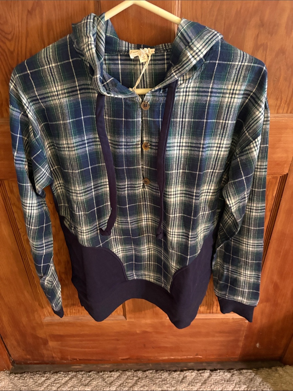 Hem & Thread Blue and Green Plaid Crewneck Hoodie Sweater